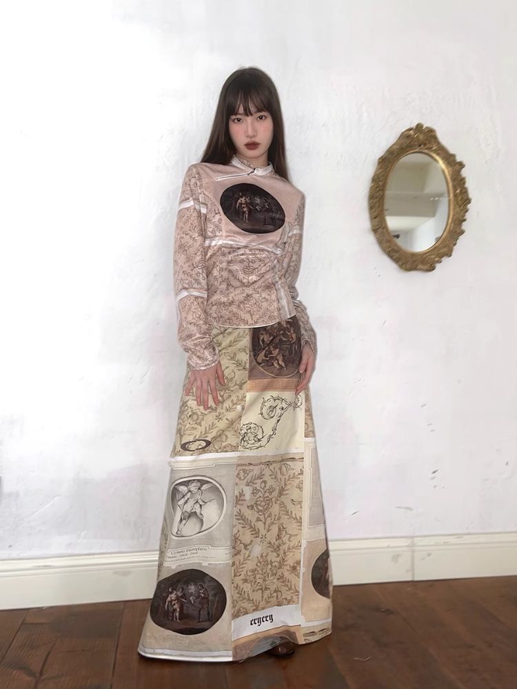 Classical Oil Painting Angel Print Long Half Skirt【s0000005062】