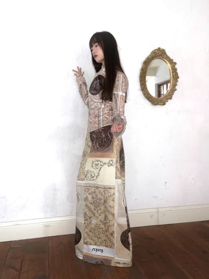 Classical Oil Painting Angel Print Long Half Skirt【s0000005062】