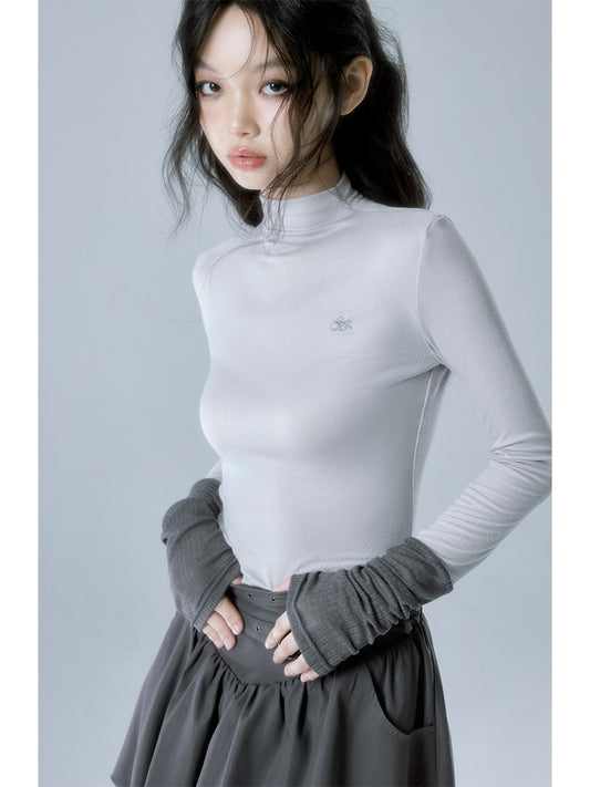 Color Blocked Embroidered Mock Neck Slimming Bottoming Shirt【s0000004386】