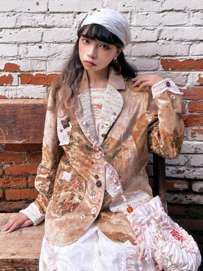 Retro Velvet Splicing Various Buttons Floral Jacket【s0000003586】