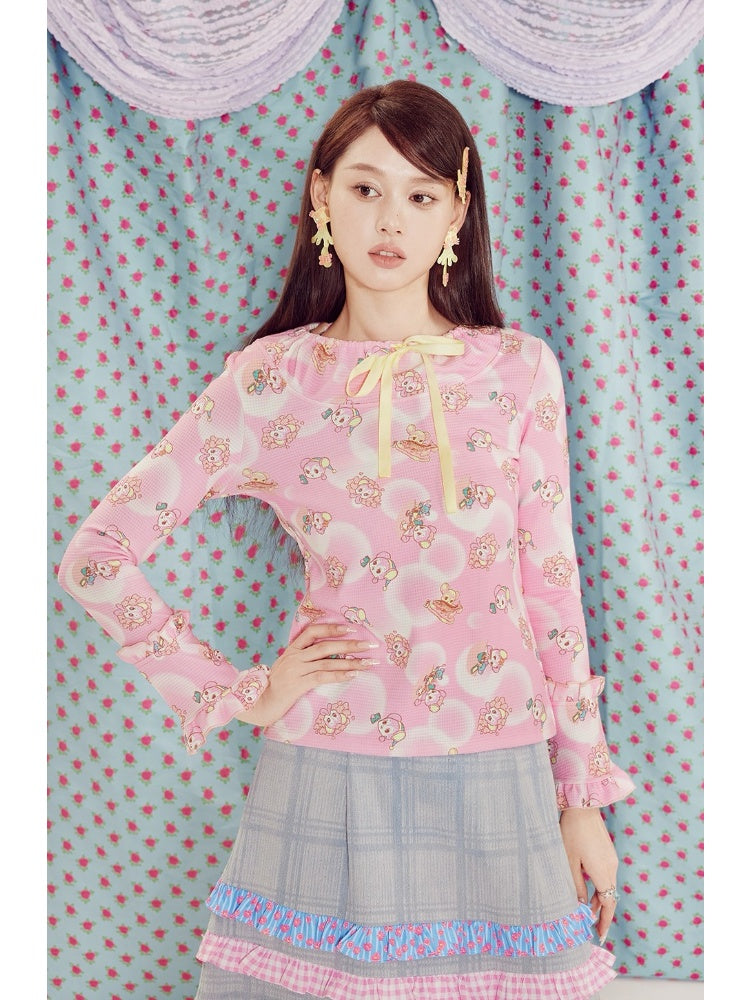 Shimizu Illustration Cute Bear Geometric Pattern Bell Sleeve Knit Tops【s0000003660】