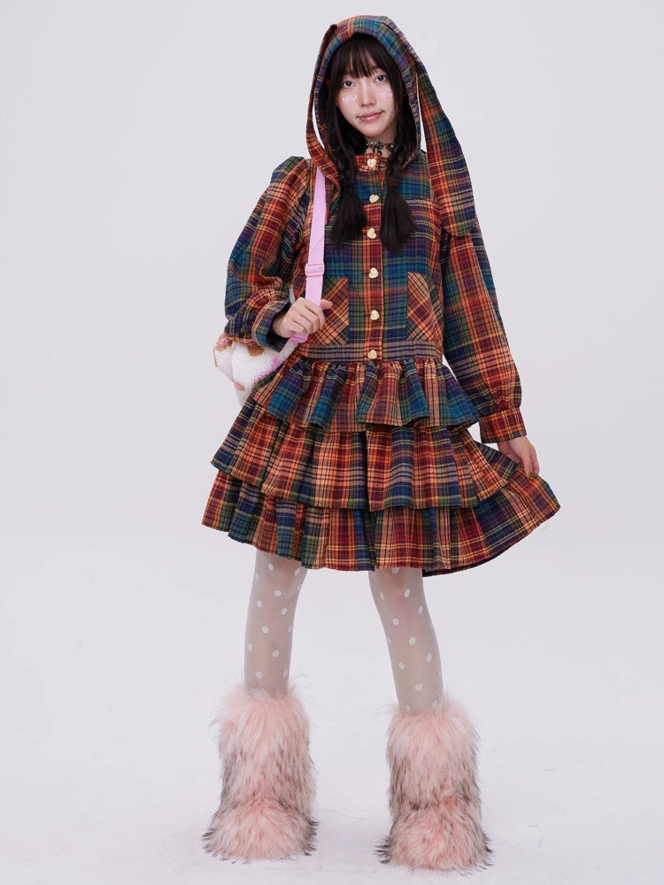 Retro Cute Fluffy Cake Rabbit Ear Plaid Dress【s0000003184】