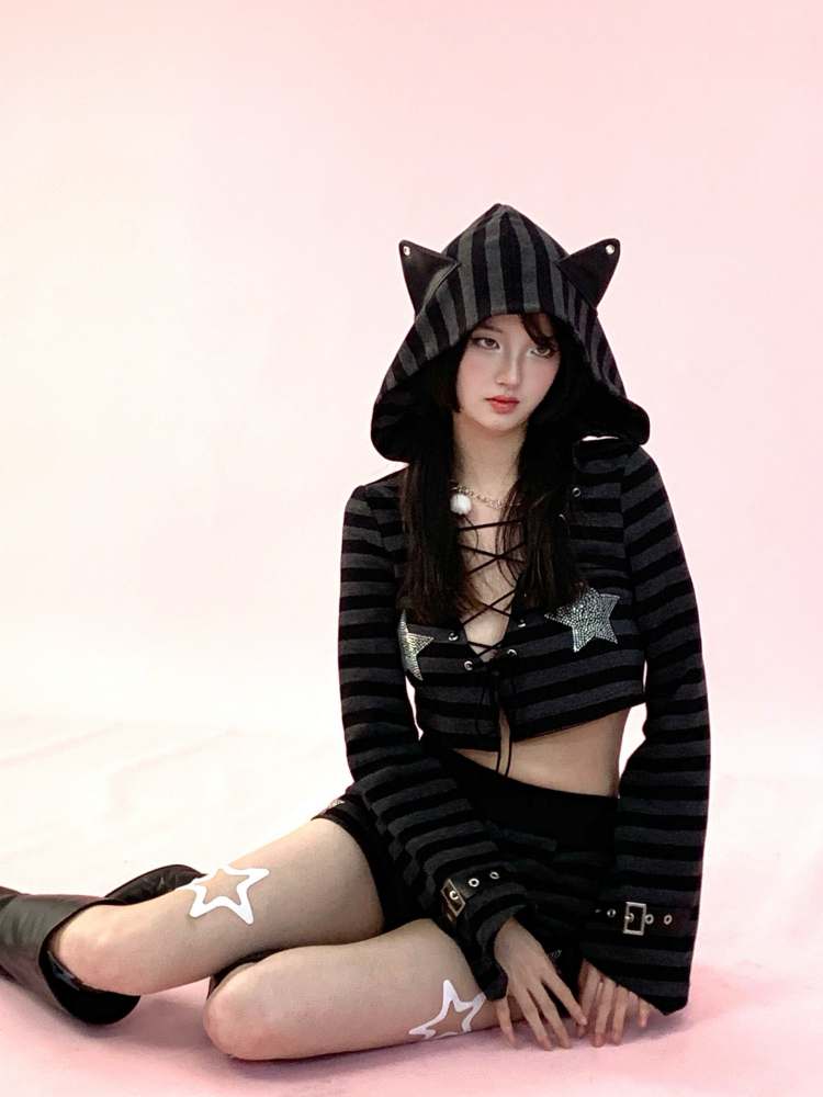 Cat Ears Border Lace Up Hoodie &amp; Short Pants【s0000007895】