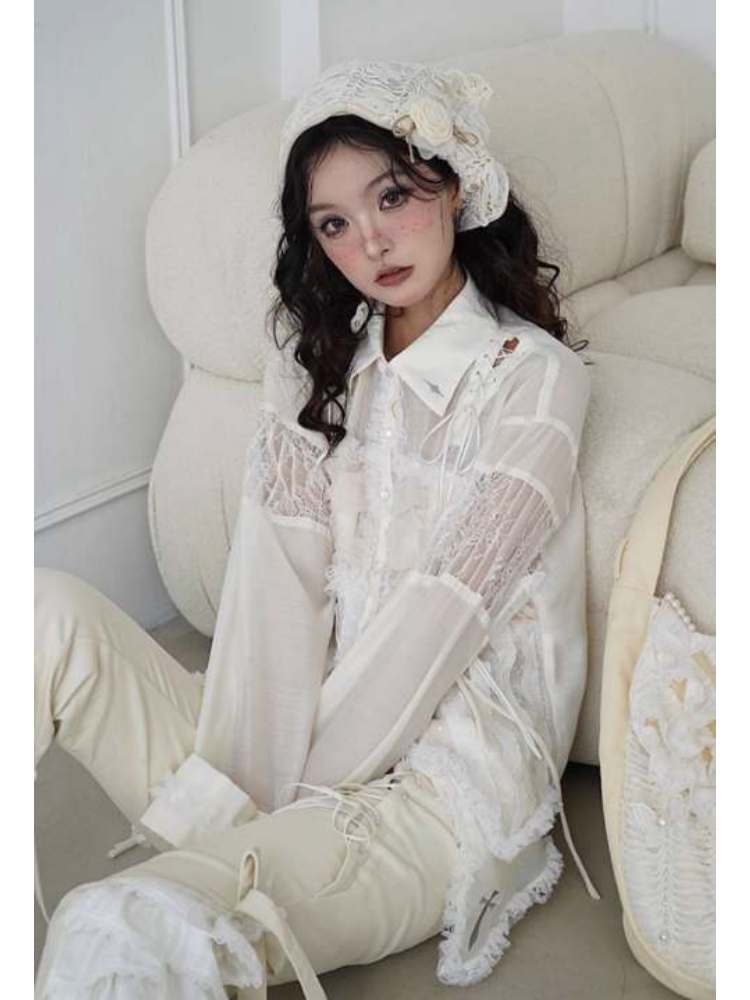 Lace-Up Crosses Embroidery Chiffon Lace Trim Shirt [s0000008151]