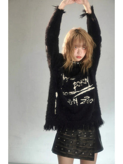 Punk Graffiti Jacquard Mink Lazy Pullover Sweater Black [s0000003881]