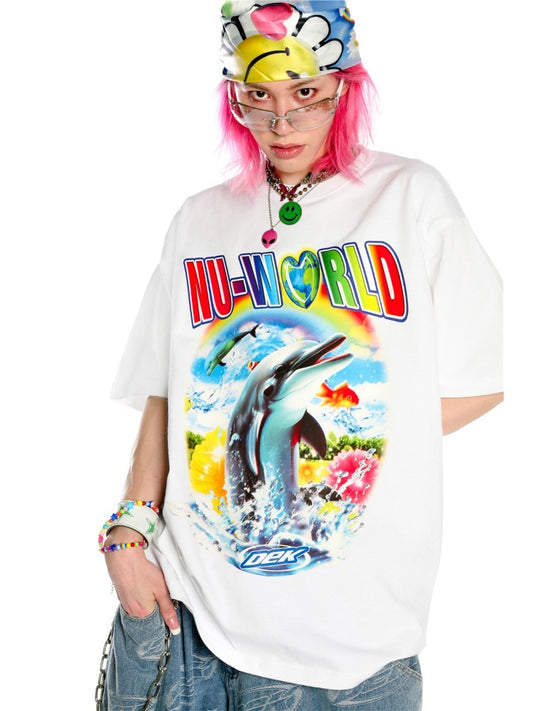 Y2K American Retro Dolphin Print Hoodie / T-Shirt [s0000003890]