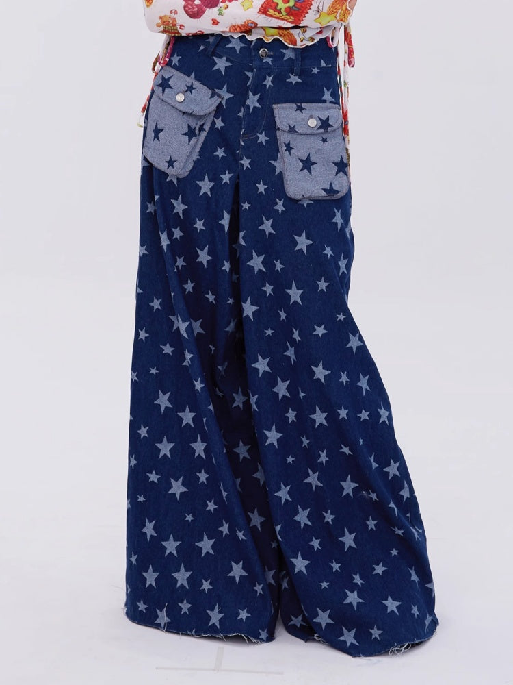 Retro Cute Y2K Star Pattern Wide Leg Loose Mop Jeans Pants [s0000003179]