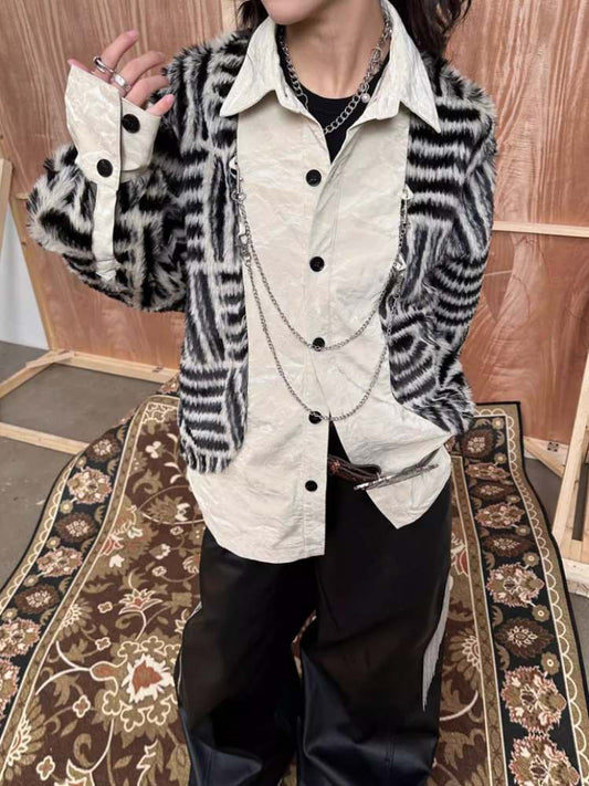 Stripe Metal Chain Loose Docking Shirt Jacket【s0000008312】