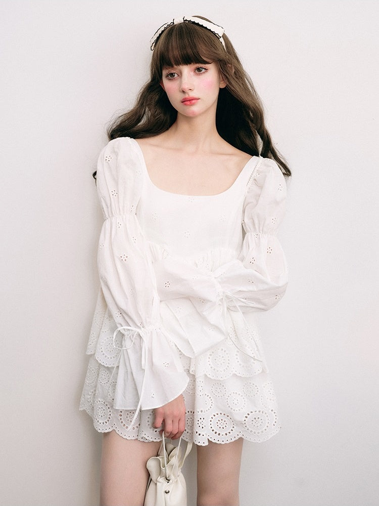 Galaxy Wanlin Dreamboat white moonlight 100% cotton sash embroidery double perforation white color long sleeves clothing early autumn