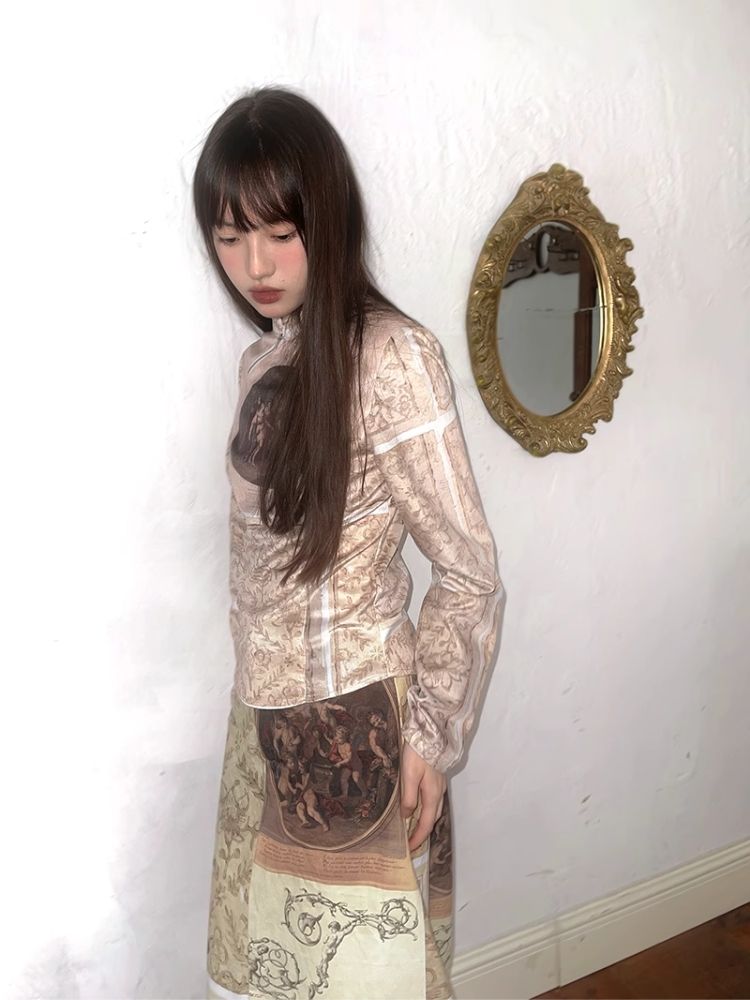 Classical Oil Painting Angel Print Long Half Skirt【s0000005062】