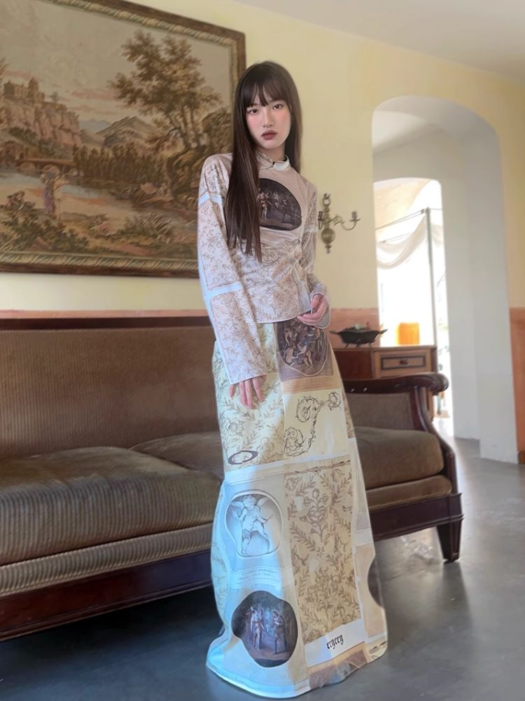 Classical Oil Painting Angel Print Long Half Skirt【s0000005062】