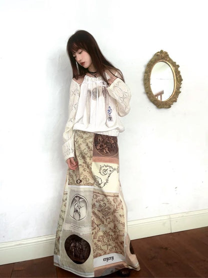 Classical Oil Painting Angel Print Long Half Skirt【s0000005062】