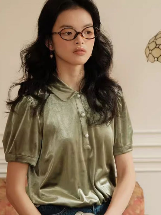 Velvet Peter Pan Collar Girly Short Top【s0000007498】