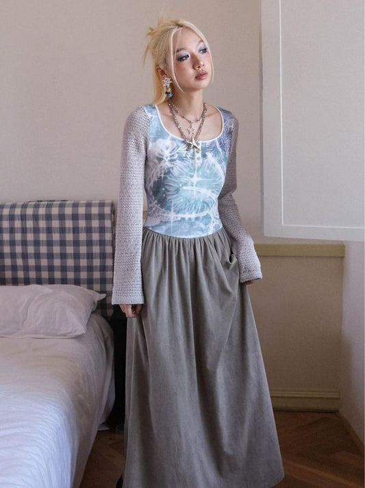 Autumn niche print patchwork dress【s0000003394】