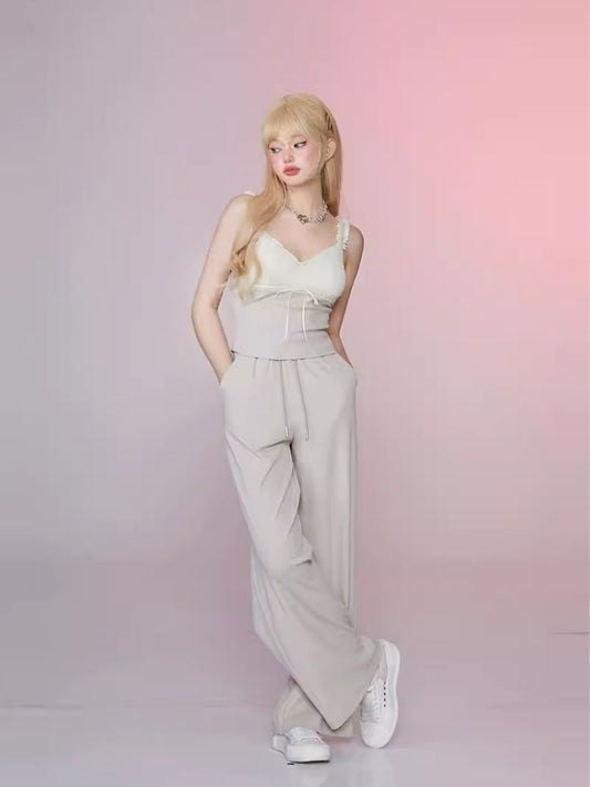 Dressy Beige Gray Lace Camisole Top Casual Pants Set【s0000006352】