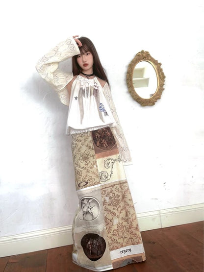 Classical Oil Painting Angel Print Long Half Skirt【s0000005062】