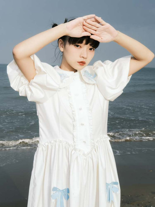 Dolphin Princess Ribbon Embroidery Puff Sleeve Dress【s0000007753】