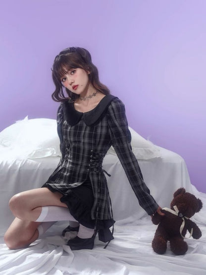 Doll Collar Plaid Side Lace-Up Dress【s0000003843】