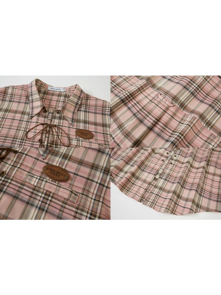 Casual Lace-Up Strap Retro Plaid Loose Shirt【s0000003198】