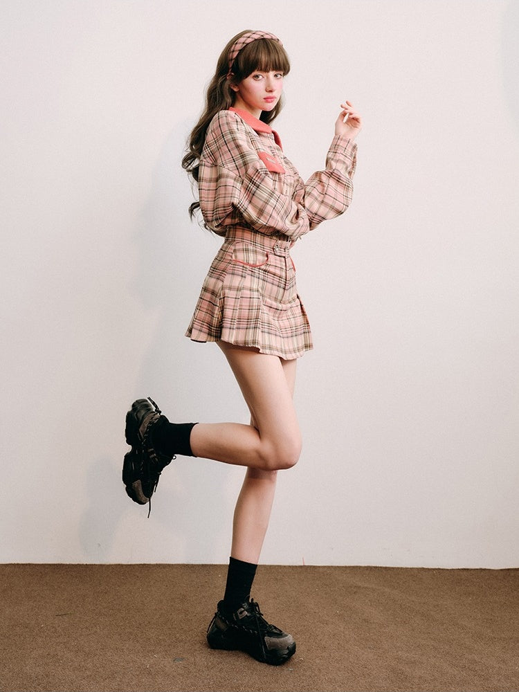 Loose Plaid Shirt & Pleated Mini Skirt【s0000003852】