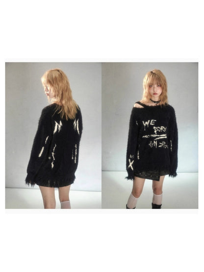 Punk Graffiti Jacquard Mink Lazy Pullover Sweater Black [s0000003881]