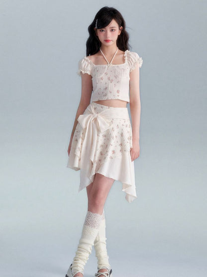 Retro Cream Floral Top / Bow Knot Skirt Set [s0000002006]