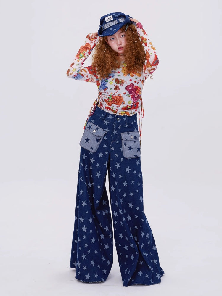 Retro Cute Y2K Star Pattern Wide Leg Loose Mop Jeans Pants [s0000003179]