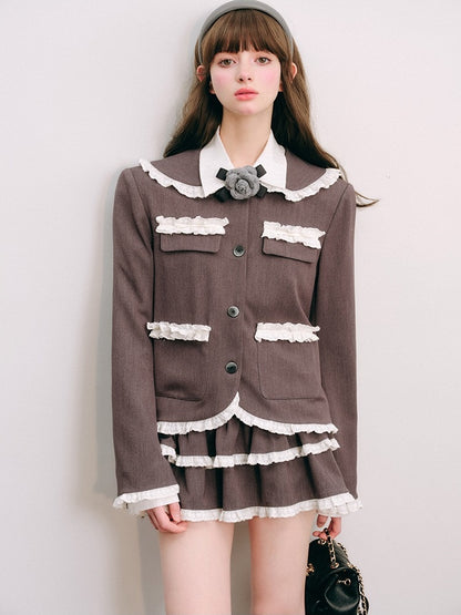 Lace Stitch College Taste Jacket &amp; Puffy Mini Skirt【s0000003853】