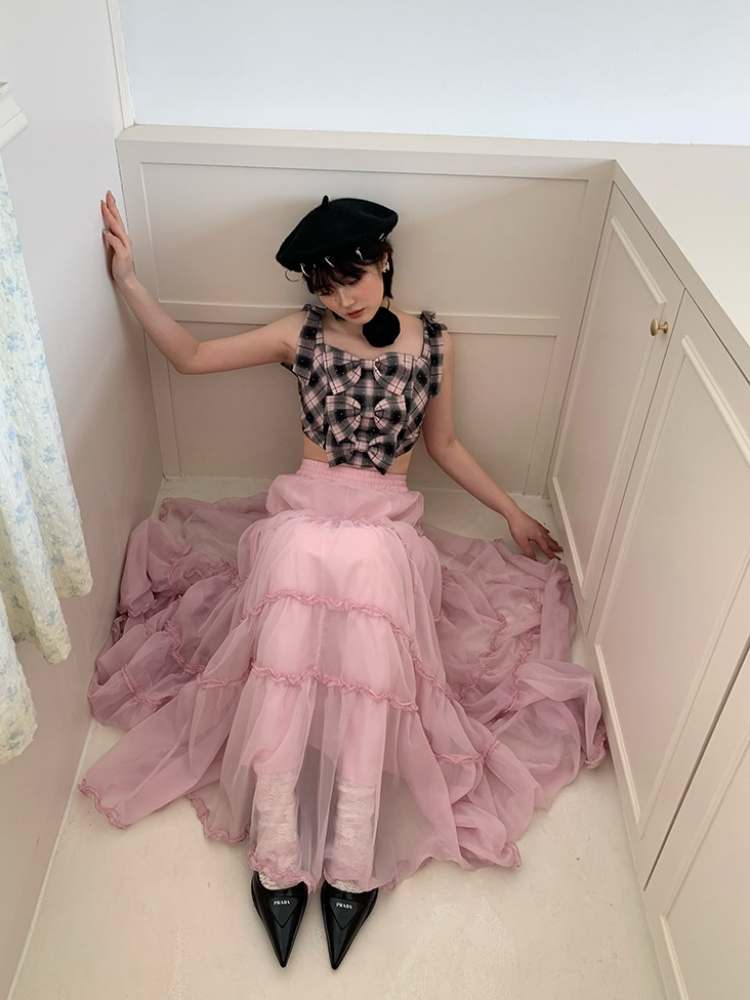 Cherry Blossoms Splice Mesh Volume Tiered Skirt【s0000007374】