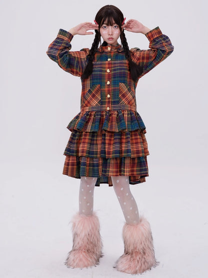 Retro Cute Fluffy Cake Rabbit Ear Plaid Dress【s0000003184】