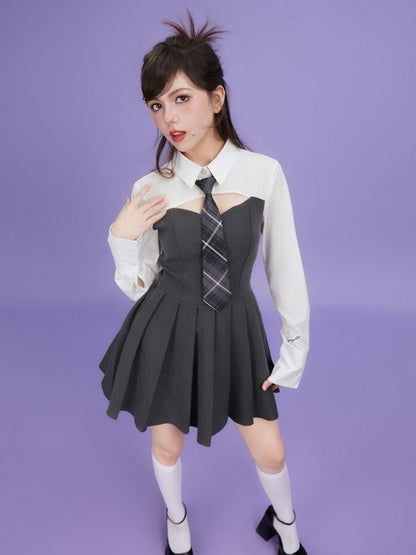 College Style Faux Two Piece Shirt Dress &amp; Tie【s0000003846】