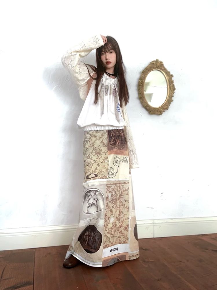 Classical Oil Painting Angel Print Long Half Skirt【s0000005062】