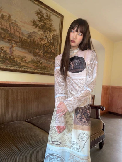 Classical Oil Painting Angel Print Long Half Skirt【s0000005062】