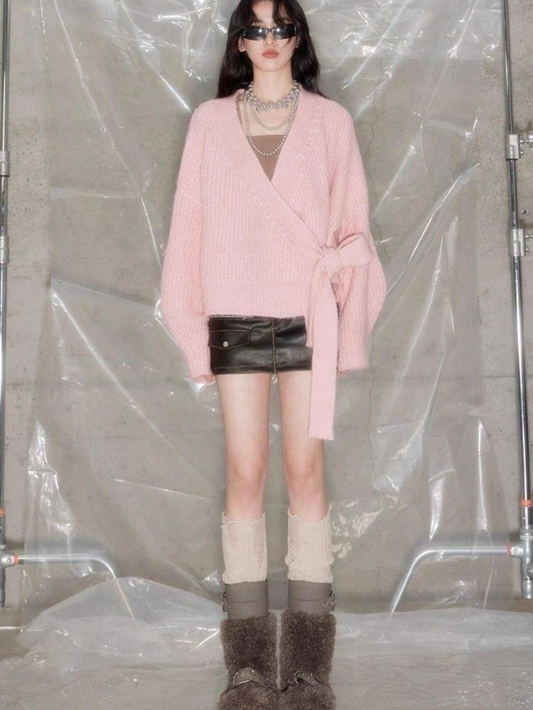 Pink Tie Knit Cardigan【s0000004857】