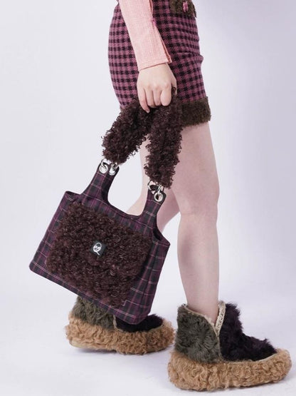 Crossbody Plaid Contrast Color Furry Bag【s0000003667】