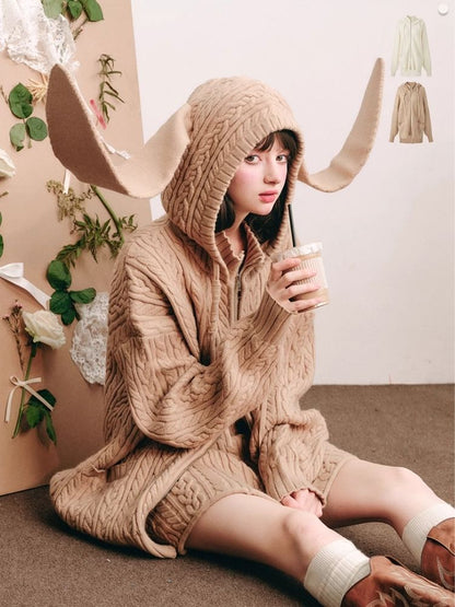 Fluffy Rabbit Ears Hooded Knit Cardigan Set 【s0000004447】