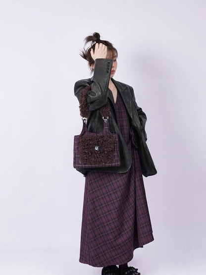 Crossbody Plaid Contrast Color Furry Bag【s0000003667】 