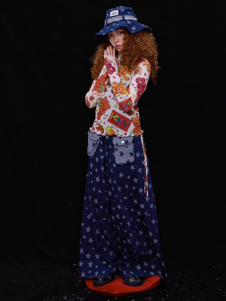 Retro Cute Y2K Star Pattern Wide Leg Loose Mop Jeans Pants [s0000003179]