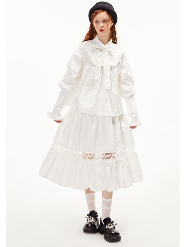 Ruffled Ribbon Shirt &amp; Splicing Lace Skirt【s0000003552】