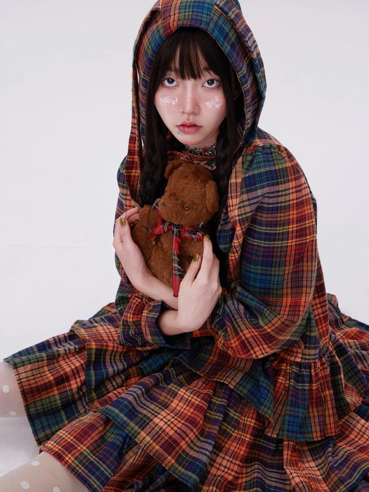 Retro Cute Fluffy Cake Rabbit Ear Plaid Dress【s0000003184】