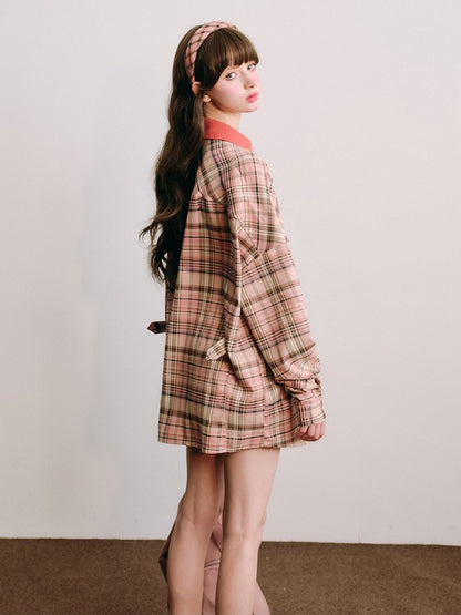 Loose Plaid Shirt & Pleated Mini Skirt【s0000003852】