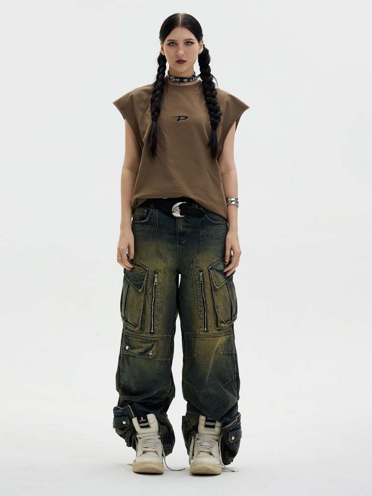 Multi Pocket Wide Leg Washed Denim Jeans【s0000006749】
