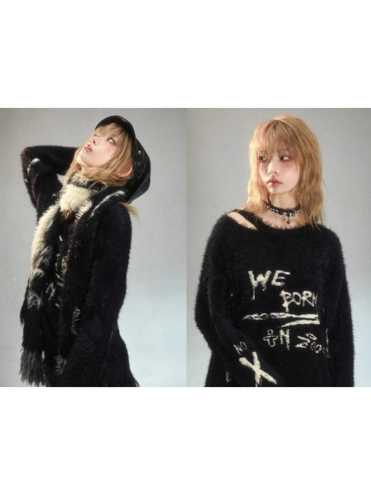 Punk Graffiti Jacquard Mink Lazy Pullover Sweater Black [s0000003881]