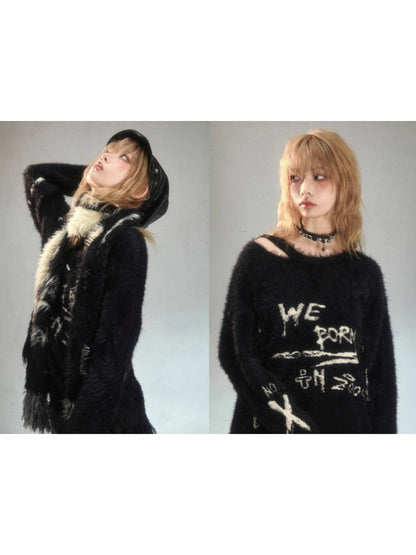 Punk Graffiti Jacquard Mink Lazy Pullover Sweater Black [s0000003881]