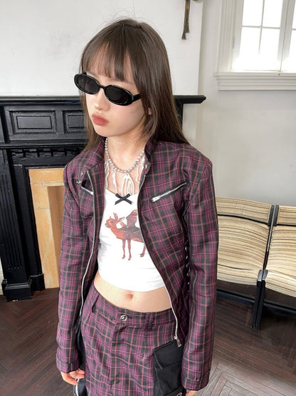 Plaid Zipper Short Jacket &amp; Patch Pocket Long Skirt【s0000003884】