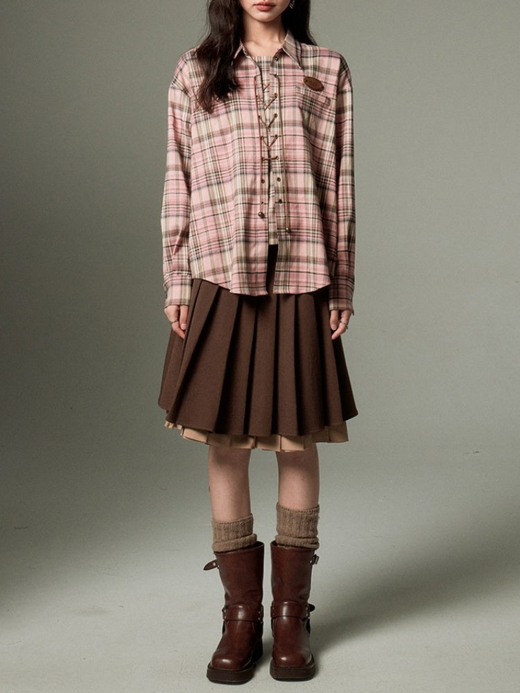 Casual Lace-Up Strap Retro Plaid Loose Shirt【s0000003198】