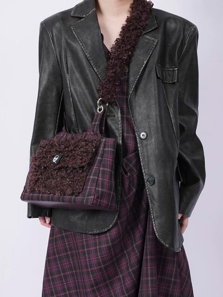 Crossbody Plaid Contrast Color Furry Bag【s0000003667】