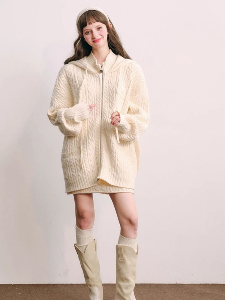 Fluffy Rabbit Ears Hooded Knit Cardigan Set 【s0000004447】