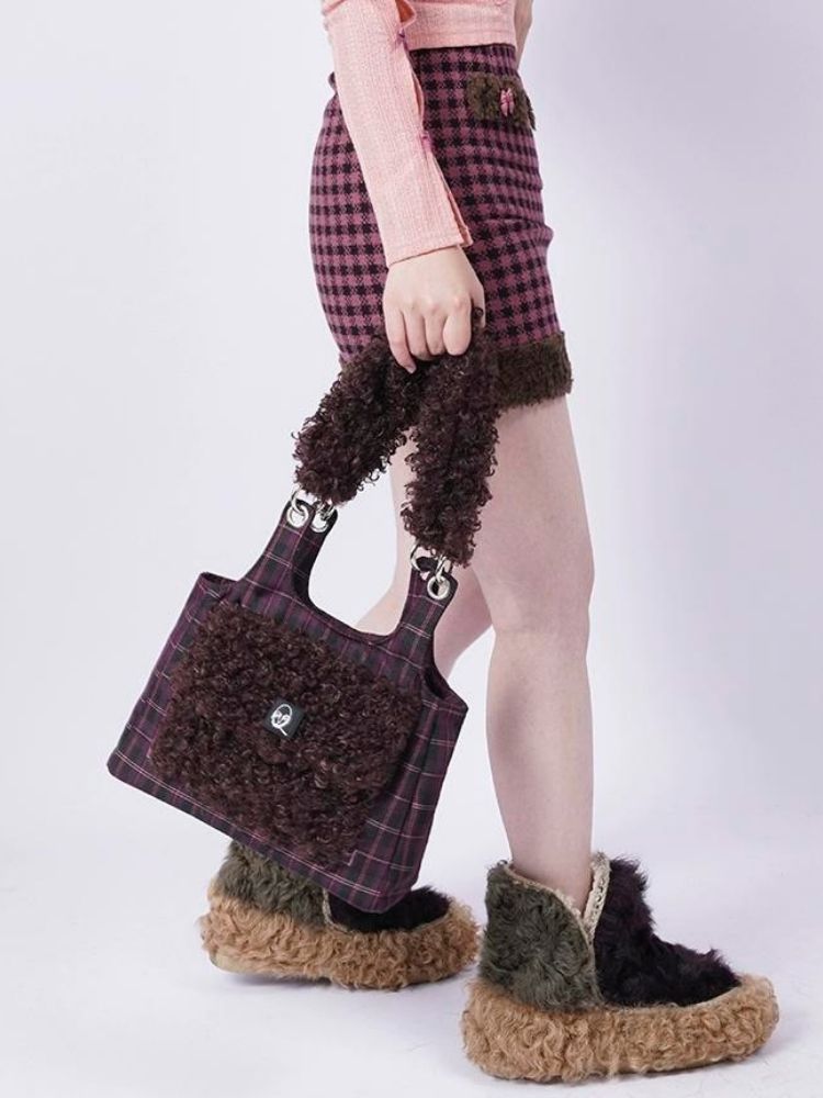 Crossbody Plaid Contrast Color Furry Bag【s0000003667】