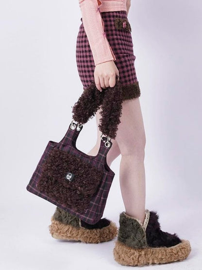 Crossbody Plaid Contrast Color Furry Bag【s0000003667】 